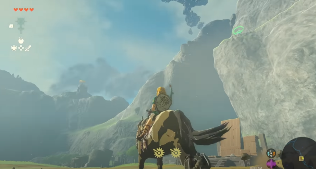 Zelda TotK Land level with Link riding a horse looking up at Sky Islands