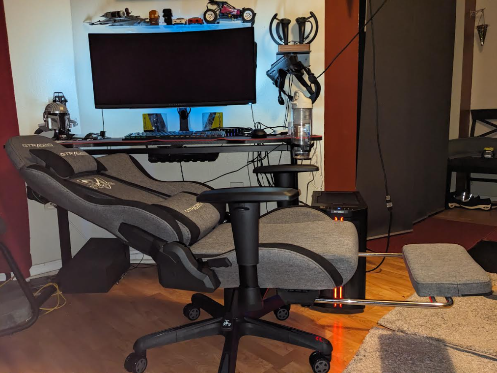 GTRacing gaming chair leaned all the way back like a dentist chair