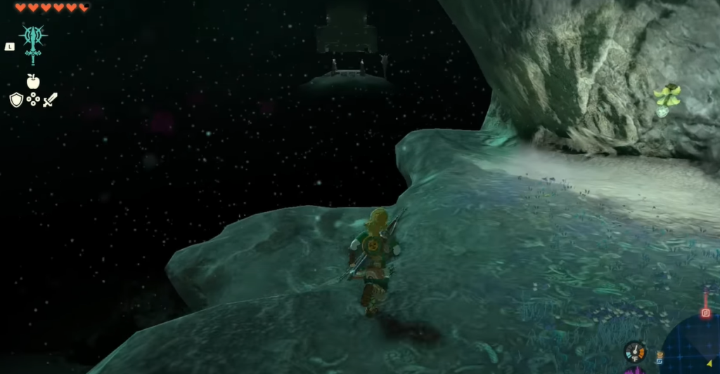 Zelda ToTK Link exploring the depths with brightblooms lighting the way