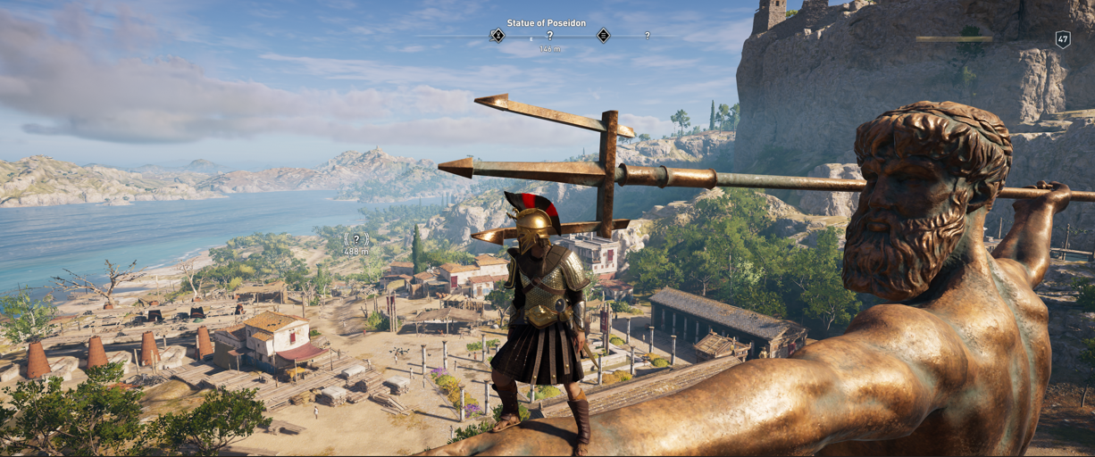 Assassin's Creed Odyssey Kassandra standing on statue of Poseidon