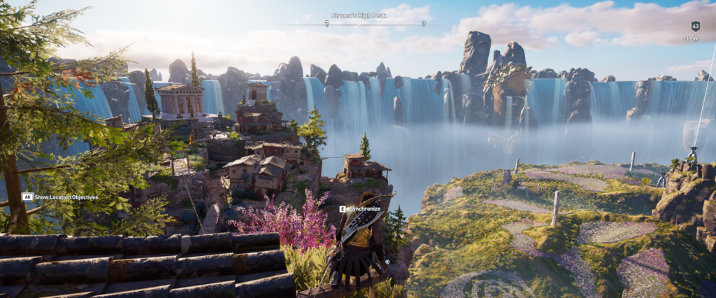 AC Odyssey Fate of Atlantis DLC Kassandra looking over the fields and falls of Elysium