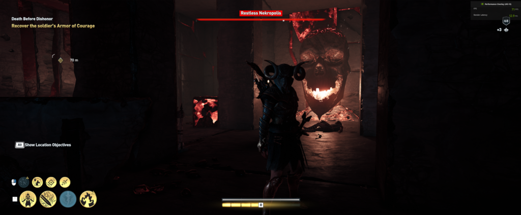AC Odyssey the Underworld with demon armor and skull fire in the back
