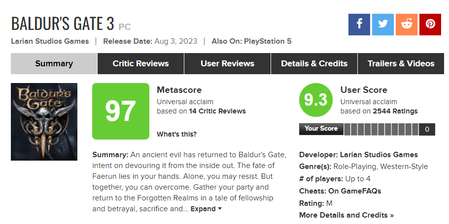 Metacritic Baldur's Gate 3 score page