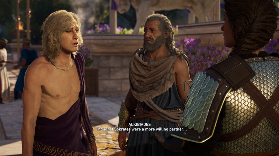 Assassin's Creed Odyssey Alkibiades and Barnabas talking to Kassandra