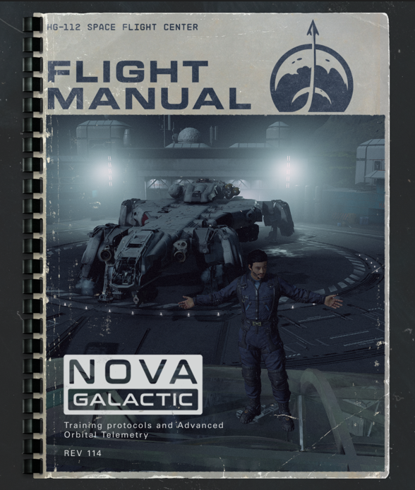 Starfield photo mode flight manual of my character and my ship