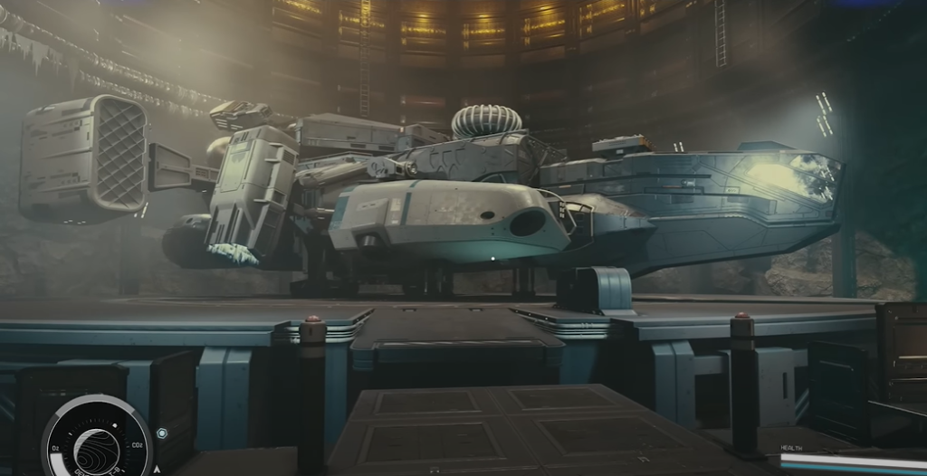 Starfield Mantis ship on the platform inside the secret lair