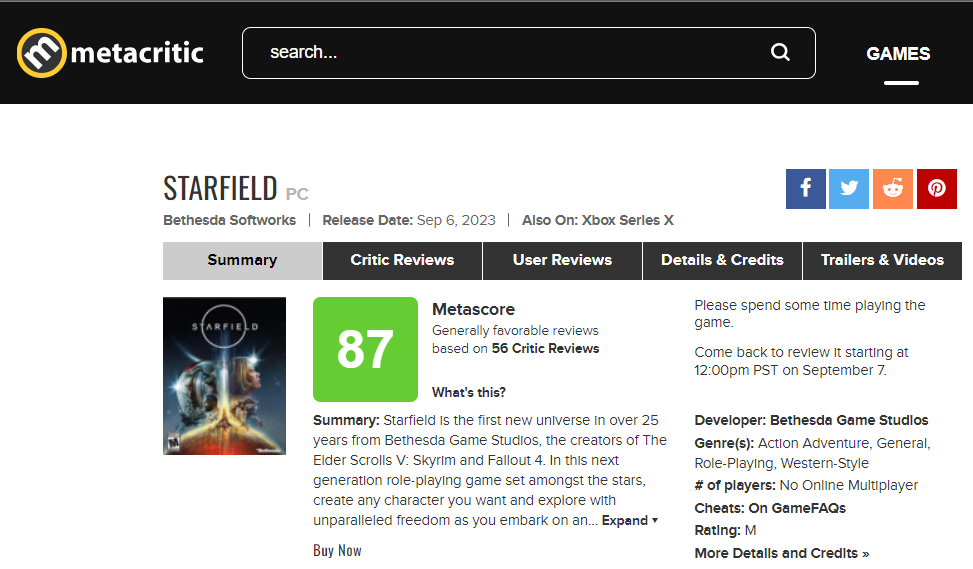 Metacritic Starfield rating for PC is 87
