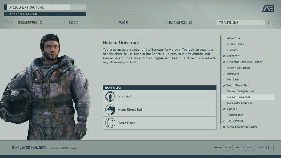Starfield character creator my character in his space suit with Introvert, Neon Street Rat and Terra Firma selected