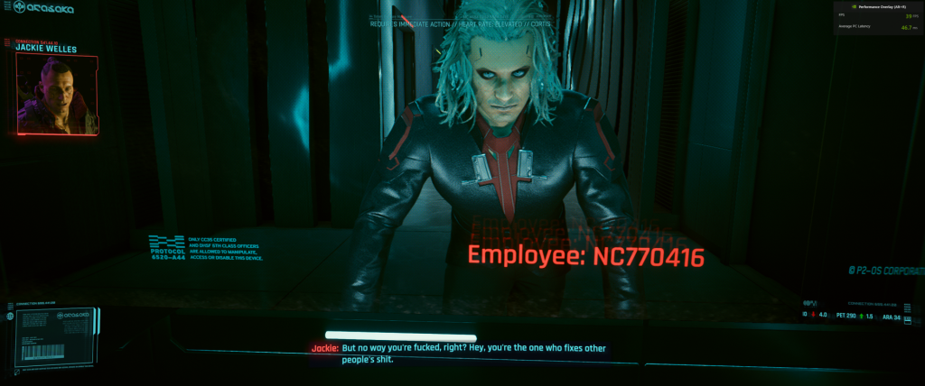 My corpo character with long gray hair in Cyberpunk 2077