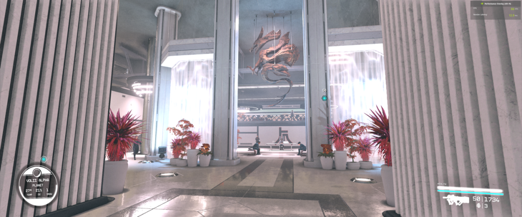 Starfield Ryujin Industries atrium to the executive level. Dragon statue flanked by red flowers.