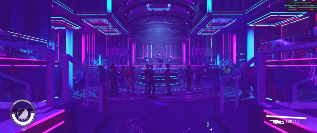 Starfield Astral Lounge in Neon with purple, pink and blue neon lights