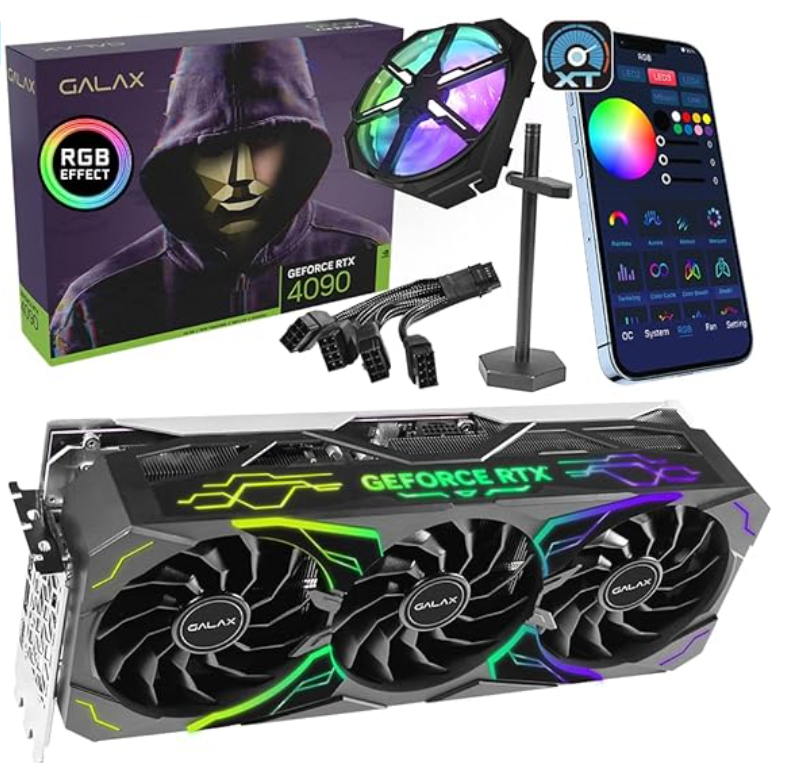 Galax Geforce RTX 4090 box, 1 clip booster fan, anti-sag stand, power adapter and video card with RGB effect