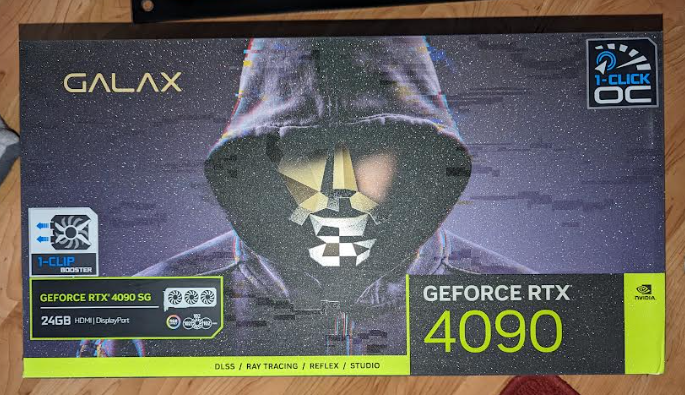 Galax Geforce RTX 4090 SG box with 1 click OC and hooded figure graphic