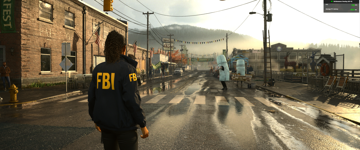 Alan Wake 2 Saga Anderson with FBI jacket on walking through Bright Falls streets