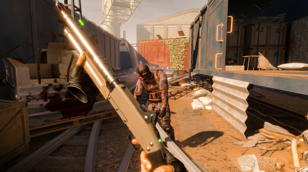 VR Pump Shotgun ready to kill a zombie in a train yard