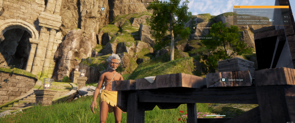 Palworld my gray haired old man character overlooking my first crafting table