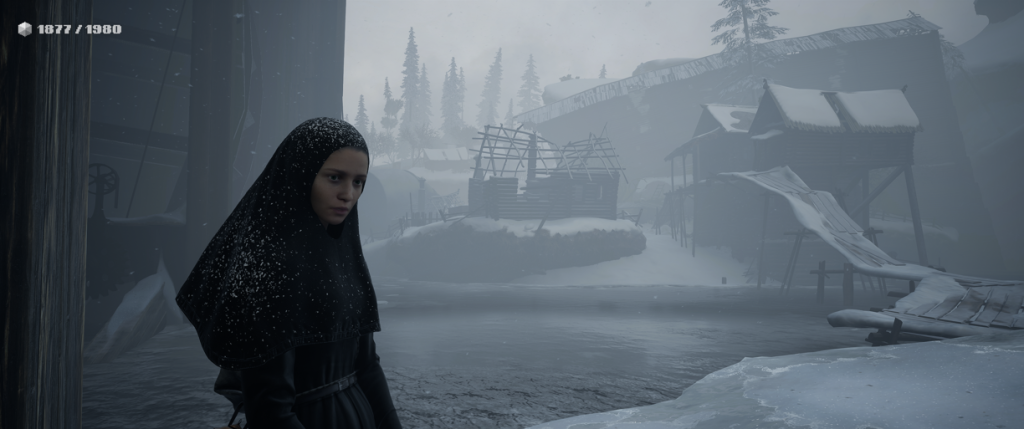 Indika Russian Nun with a snow covered town in ruins in the background