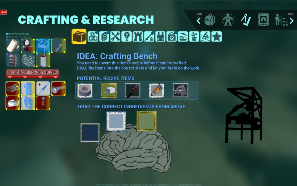 Abiotic Factor crafting and research menu