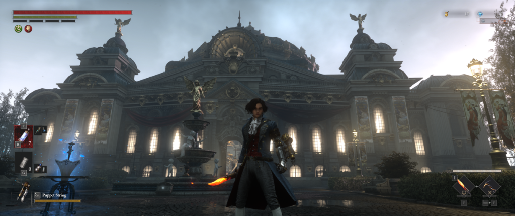Lies of P Pinocchio with flame sword in hand and gothic costume with ornate building in the back