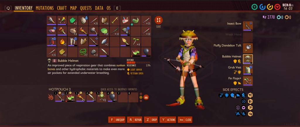 Grounded character in the inventory screen wearing a bubble helmet and fin flops