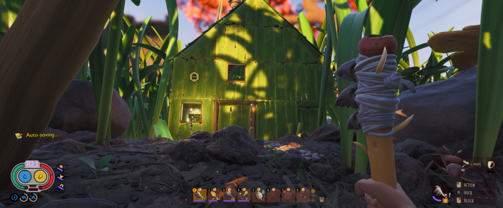 Looking at my First Grass House in Grounded while holding my axe