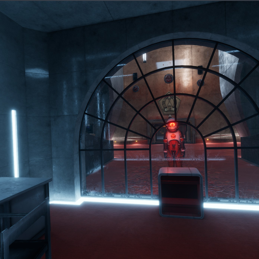 Red Matter VR space man in red suit through large window