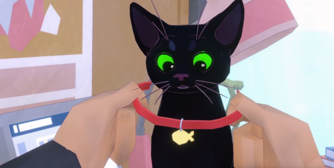 Little Kitty Big City black cat getting necklace