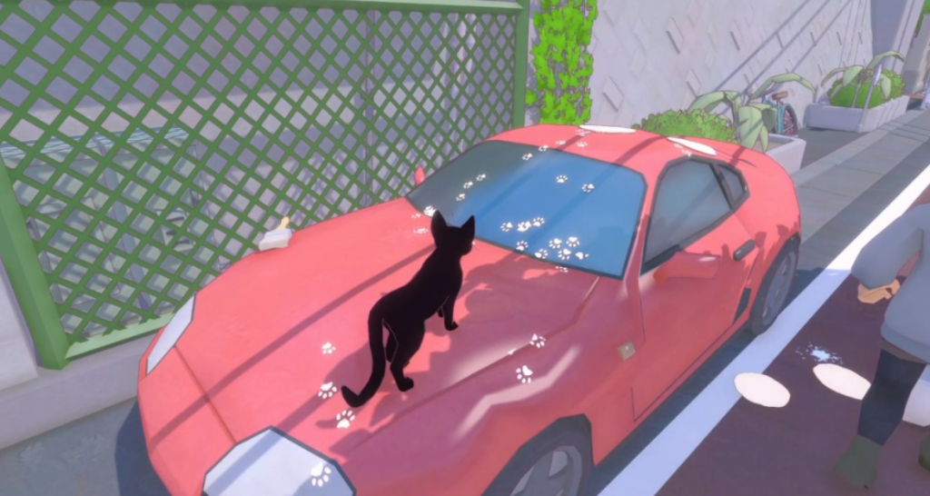 Little Kitty Big City black cat walking with white paint paws on a car