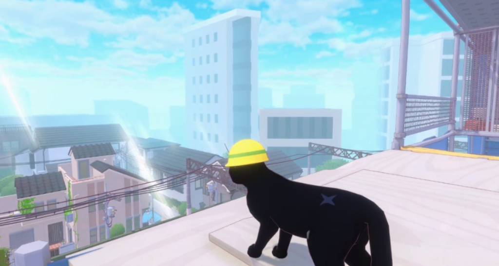 Little Kitty Big City black cat with hardhat overlooking the city