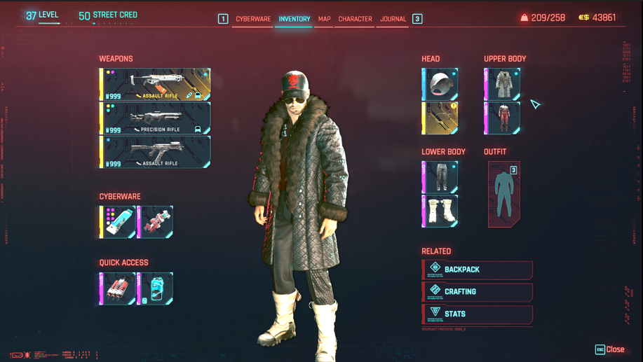 Cyberpunk 2077 Inventory screen showing my V in Russian gangster style clothing