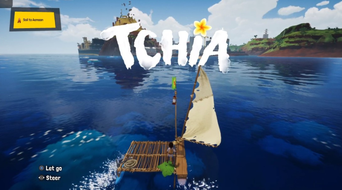 Tchia on her raft sailing to an island on blue water