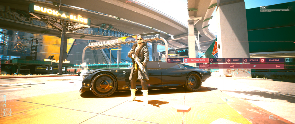 Cyberpunk 2077 my V character holding a gun with Russian gangster threads in front of a car