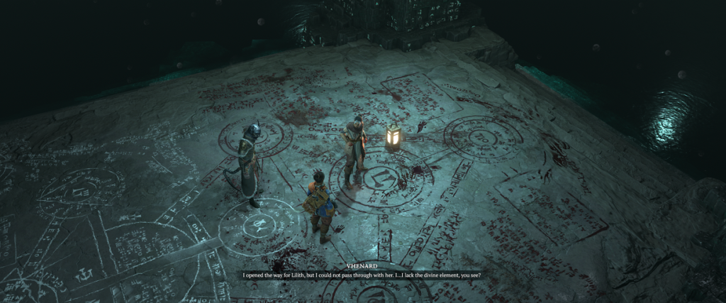 Diablo 4 blood ritual on the floor with 3 characters reading it