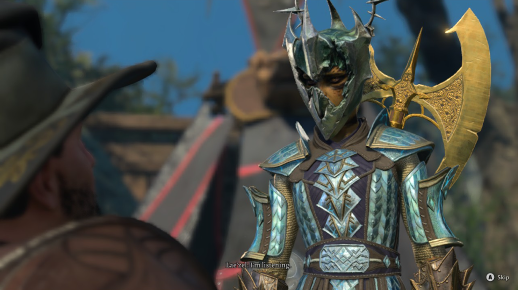 Lae'zel in Adamantin armor with Grym's helmet and large golden axe