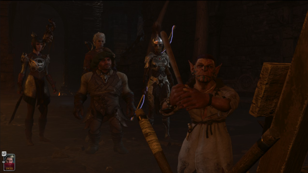 My Baldur's Gate 3 Act 1 party of Astarion, Tav, Shadowheart and Lae'zel, watching a goblin torture a man