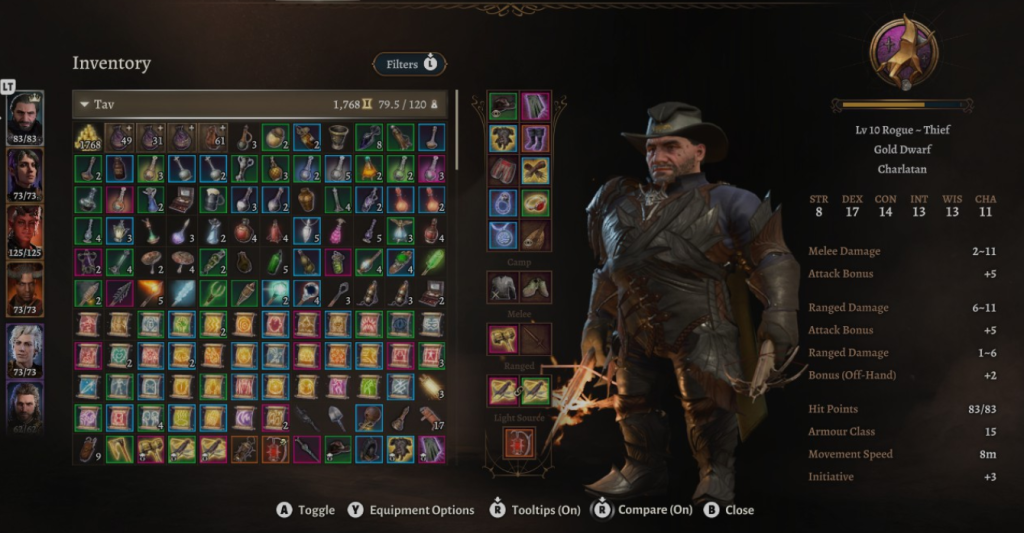 My Baldur's Gate 3 Tab Character sheet with Drow Armor, hat and duel crossbows