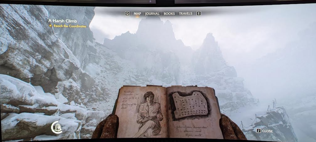 Indiana Jones and the Great Circle looking at the notebook drawing of Gina in the Himalayas