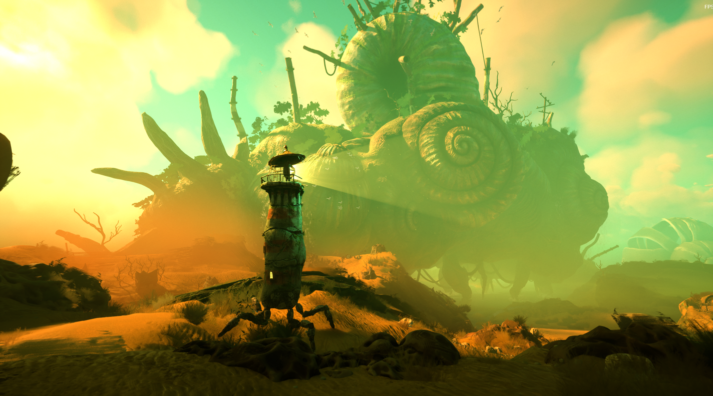 Keeper lighthouse and bird game with giant snail in the background