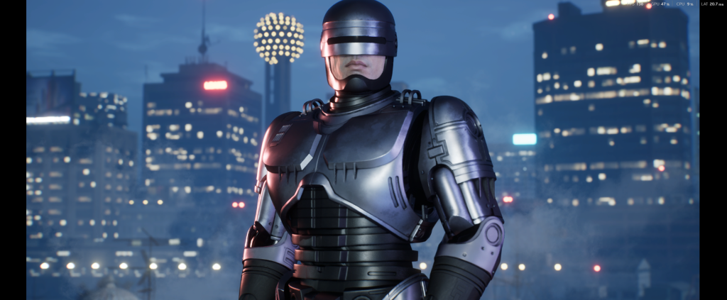 Robocop with Detroit in the background
