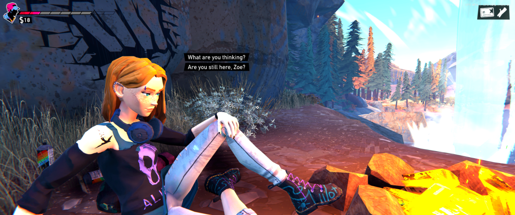 Zoe in Road 96 having a campfire by the falls