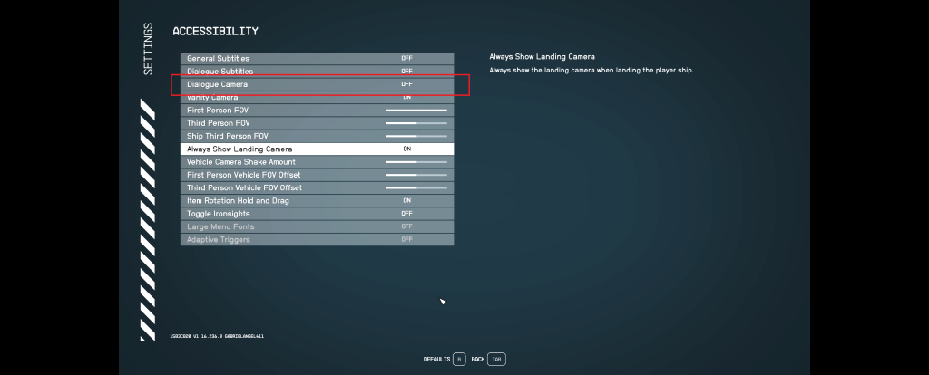 Dialogue Camera Setting Starfield Accessibility options dialogue camera setting