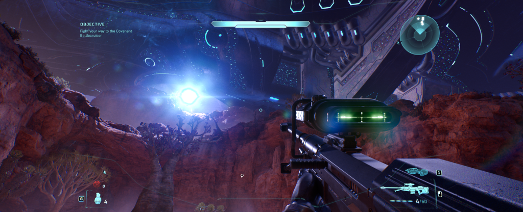 Halo Combat Evolved pointing the sniper rifle at the Covenant ship in peace and reconciliation