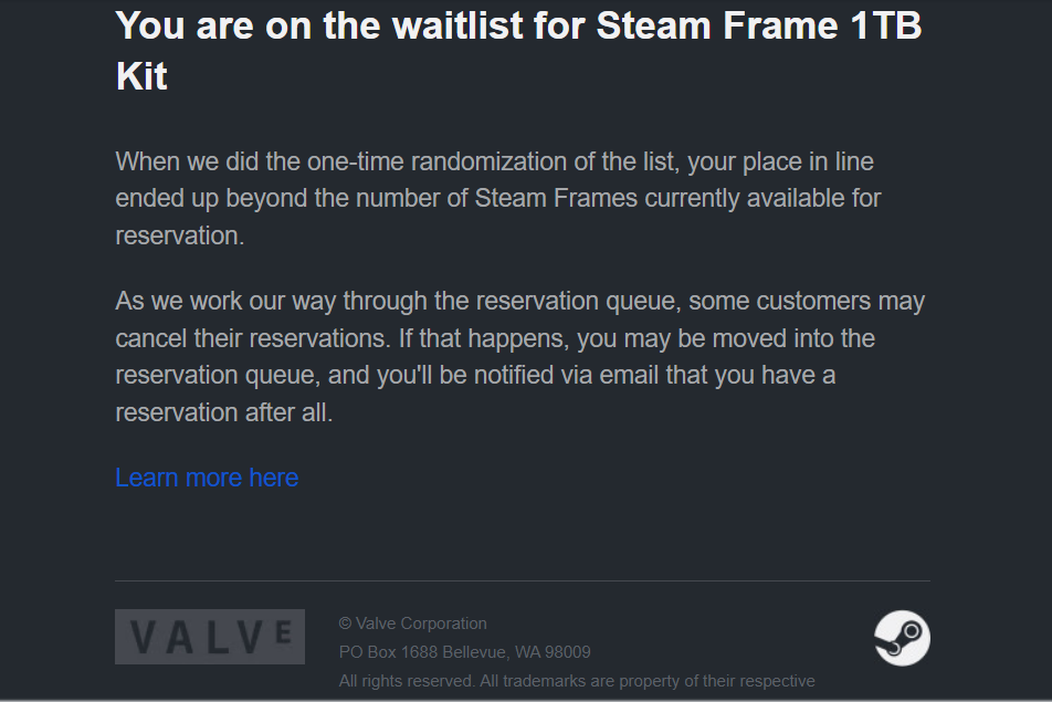 Steam Frame waitlist email message